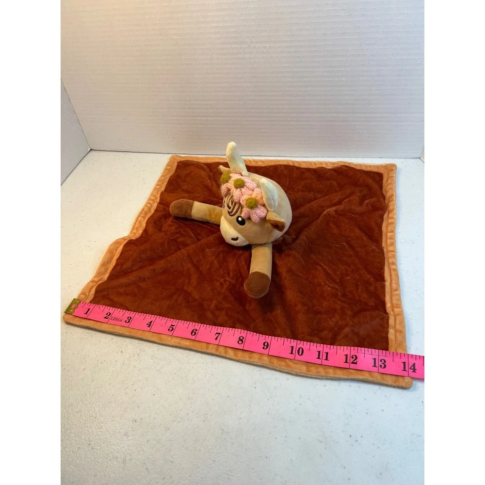 Highland Cow Baby Security Blanket Lovey Pink Floral Crown Rust Brown 14x14